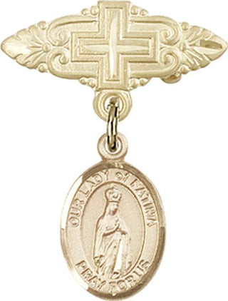 14kt Gold Badge Pin With Cross O/L of Fatima Baby Badge - Engravable