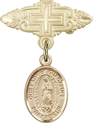 14kt Gold Badge Pin With Cross O/L of Guadalupe Baby Badge - Engravable