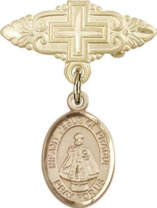 14kt Gold Filled Badge Pin With Cross Infant of Prague Baby Badge - Engravable