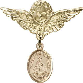 14kt Gold Filled Large Angel w/Wings Infant of Prague Baby Badge - Engravable