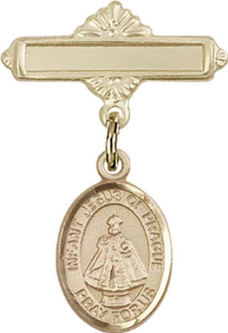 14kt Gold Polished Badge Pin Infant of Prague Baby Badge - Engravable