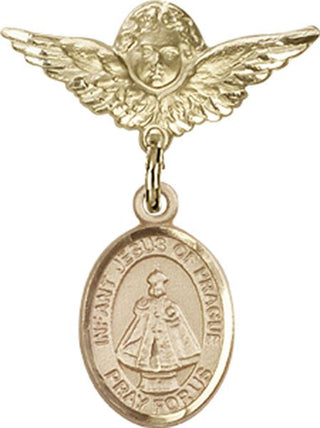 14kt Gold Small Angel w/Wings Infant of Prague Baby Badge - Engravable