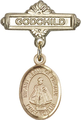 14kt Gold Godchild Infant of Prague Baby Badge - Engravable