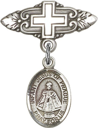 Sterling Silver Badge Pin With Cross Infant of Prague Baby Badge - Engravable