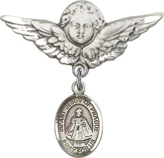Sterling Silver Large Angel w/Wings Infant of Prague Baby Badge - Engravable