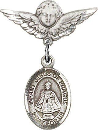 Sterling Silver Small Angel w/Wings Infant of Prague Baby Badge - Engravable
