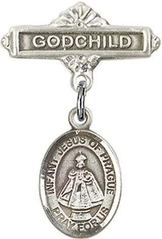 Sterling Silver Godchild Infant of Prague Baby Badge - Engravable