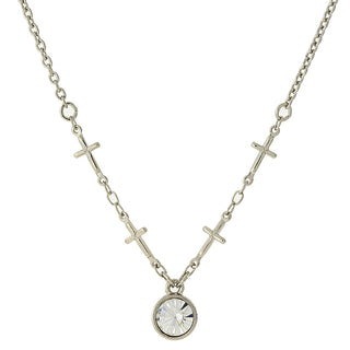 Silver-Tone Cross Chain Clear Crystal Necklace
