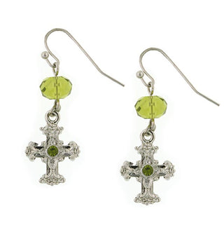Silver-Tone Green Crystal Cross Drop Earrings