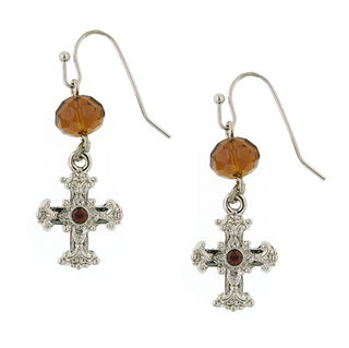 Silver-Tone Brown Crystal Cross Drop Earrings