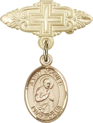 14kt Gold Filled Badge Pin With Cross St. Isaac Jogues Baby Badge - Engravable