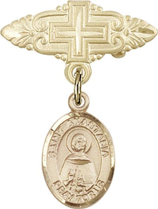 14kt Gold Filled Badge Pin With Cross St. Anastasia Baby Badge - Engravable
