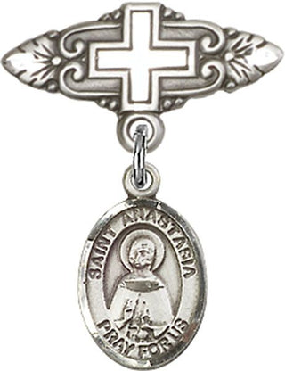 Sterling Silver Badge Pin With Cross St. Anastasia Baby Badge - Engravable