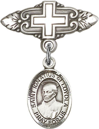 Sterling Silver Badge Pin With Cross St. Ignatius of Loyola Baby Badge - Engravable