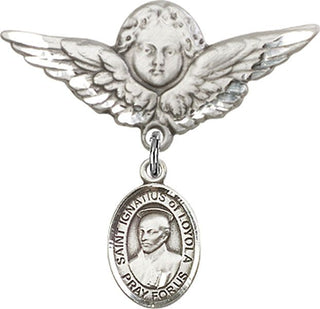 Sterling Silver Large Angel w/Wings St. Ignatius of Loyola Baby Badge - Engravable