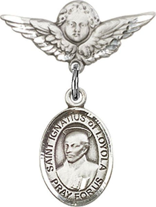 Sterling Silver Small Angel w/Wings St. Ignatius of Loyola Baby Badge - Engravable