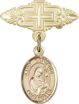 14kt Gold Badge Pin With Cross St. Gertrude of Nivelles Baby Badge - Engravable