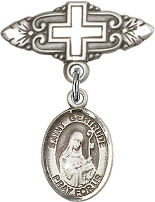 Sterling Silver Badge Pin With Cross St. Gertrude of Nivelles Baby Badge - Engravable