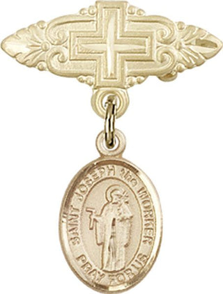 14kt Gold Badge Pin With Cross St. Joseph the Worker Baby Badge - Engravable
