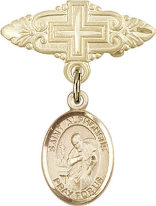 14kt Gold Badge Pin With Cross St. Alphonsus Baby Badge - Engravable