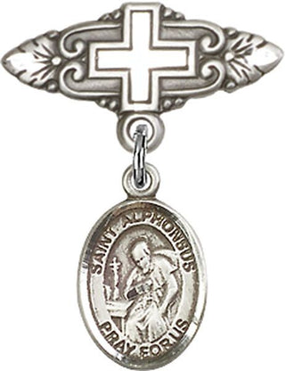 Sterling Silver Badge Pin With Cross St. Alphonsus Baby Badge - Engravable