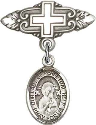 Sterling Silver Badge Pin With Cross O/L of Perpetual Help Baby Badge - Engravable