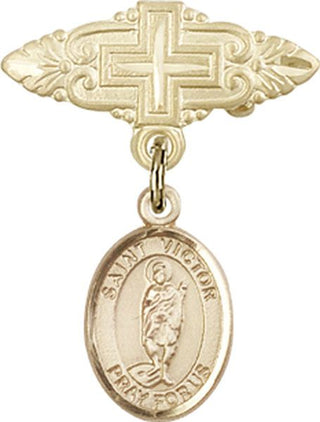 14kt Gold Badge Pin With Cross St. Victor of Marseilles Baby Badge - Engravable