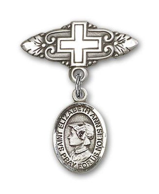 Sterling Silver Badge Pin With Cross St. Elizabeth Ann Seton Baby Badge - Engravable