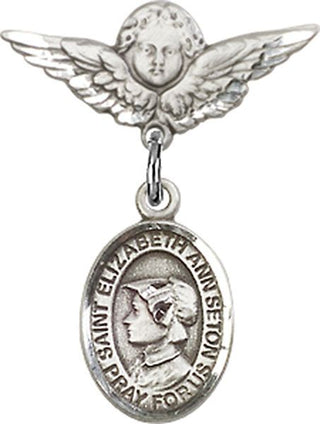 Sterling Silver Small Angel w/Wings St. Elizabeth Ann Seton Baby Badge - Engravable