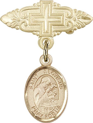 14kt Gold Badge Pin With Cross St. Aloysius Gonzaga Baby Badge - Engravable