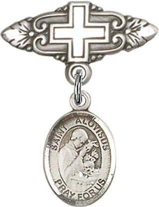 Sterling Silver Badge Pin With Cross St. Aloysius Gonzaga Baby Badge - Engravable