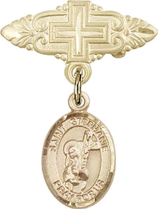 14kt Gold Badge Pin With Cross St. Stephanie Baby Badge - Engravable