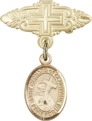 14kt Gold Badge Pin With Cross St. Bernard of Clairvaux Baby Badge - Engravable