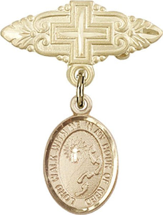 14kt Gold Badge Pin With Cross Footprints / Cross Baby Badge - Engravable