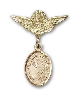 14kt Gold Small Angel w/Wings Footprints / Cross Baby Badge - Engravable