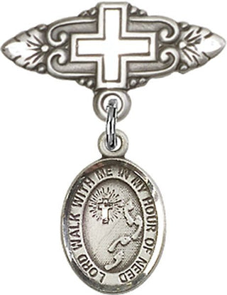Sterling Silver Badge Pin With Cross Footprints / Cross Baby Badge - Engravable