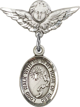 Sterling Silver Small Angel w/Wings Footprints / Cross Baby Badge - Engravable