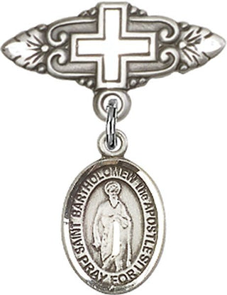 Sterling Silver Badge Pin With Cross St. Bartholomew the Apostle Baby Badge - Engravable