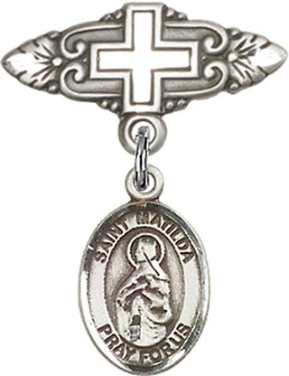 Sterling Silver Badge Pin With Cross St. Matilda Baby Badge - Engravable