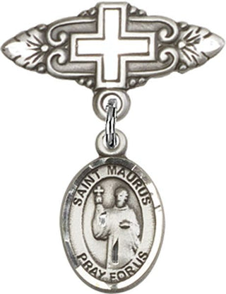 Sterling Silver Badge Pin With Cross St. Maurus Baby Badge - Engravable