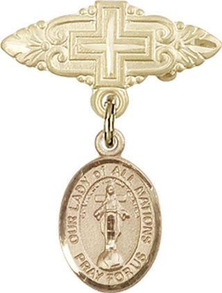14kt Gold Filled Badge Pin With Cross O/L of All Nations Baby Badge - Engravable