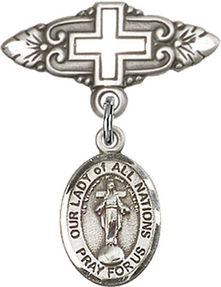 Sterling Silver Badge Pin With Cross O/L of All Nations Baby Badge - Engravable