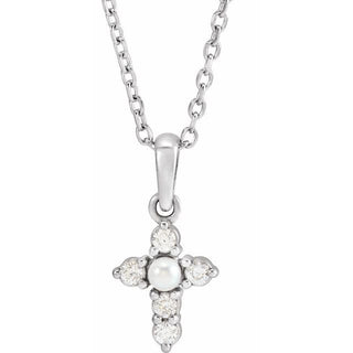 Platinum Cultured White Seed Pearl & .07 CTW Natural Diamond Cross 16-18" Necklace