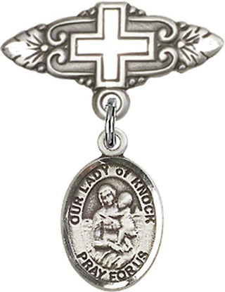 Sterling Silver Badge Pin With Cross O/L of Knock Baby Badge - Engravable