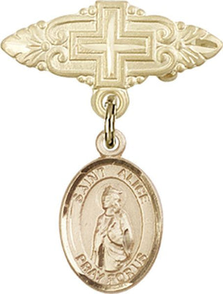 14kt Gold Badge Pin With Cross St. Alice Baby Badge - Engravable