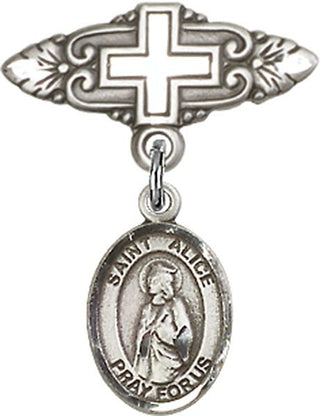 Sterling Silver Badge Pin With Cross St. Alice Baby Badge - Engravable