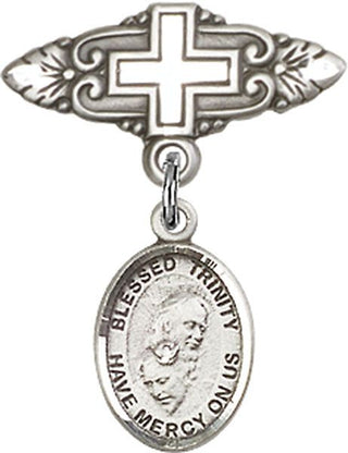 Sterling Silver Badge Pin With Cross Blessed Trinity Baby Badge - Engravable
