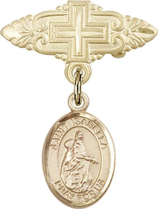 14kt Gold Badge Pin With Cross St. Isabella of Portugal Baby Badge - Engravable