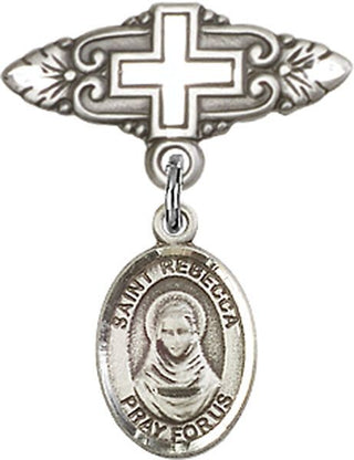 Sterling Silver Badge Pin With Cross St. Rebecca Baby Badge - Engravable