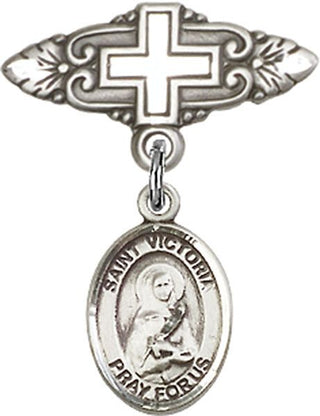 Sterling Silver Badge Pin With Cross St. Victoria Baby Badge - Engravable